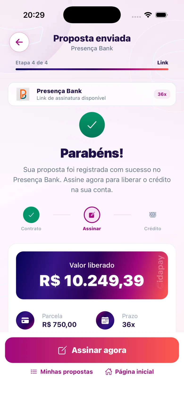 Proposta aprovada e pronta para assinar no app CIDAPAY