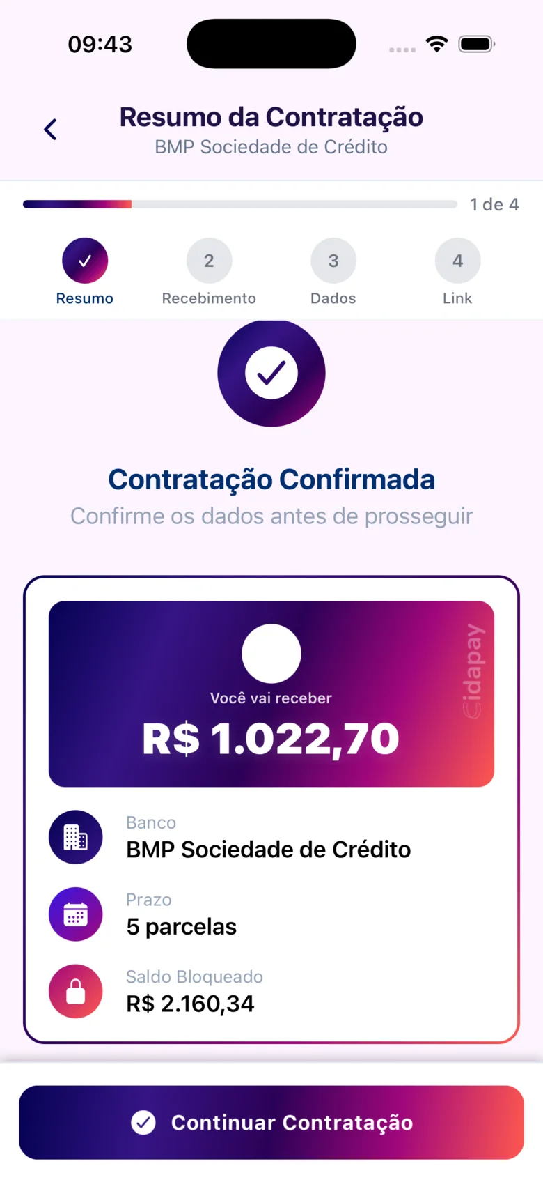 Contratação da antecipação do FGTS no app CIDAPAY