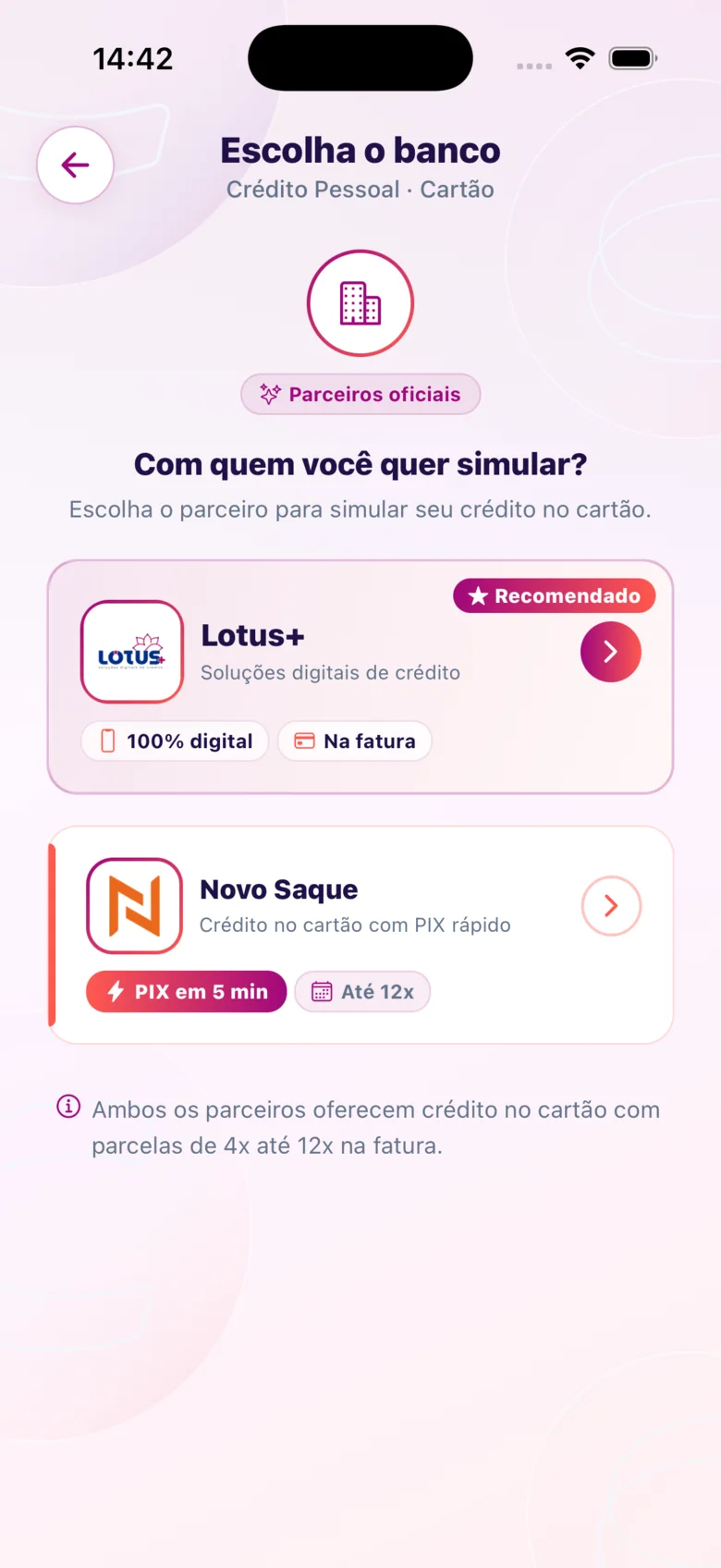 Escolha entre Lotus+ e Novo Saque no app CIDAPAY