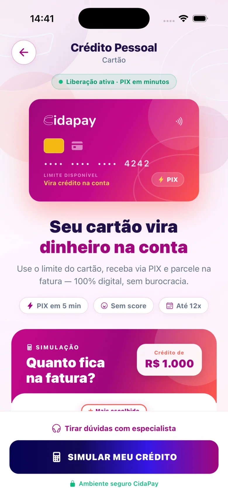 Crédito no cartão de crédito no app CIDAPAY — seu cartão vira dinheiro na conta