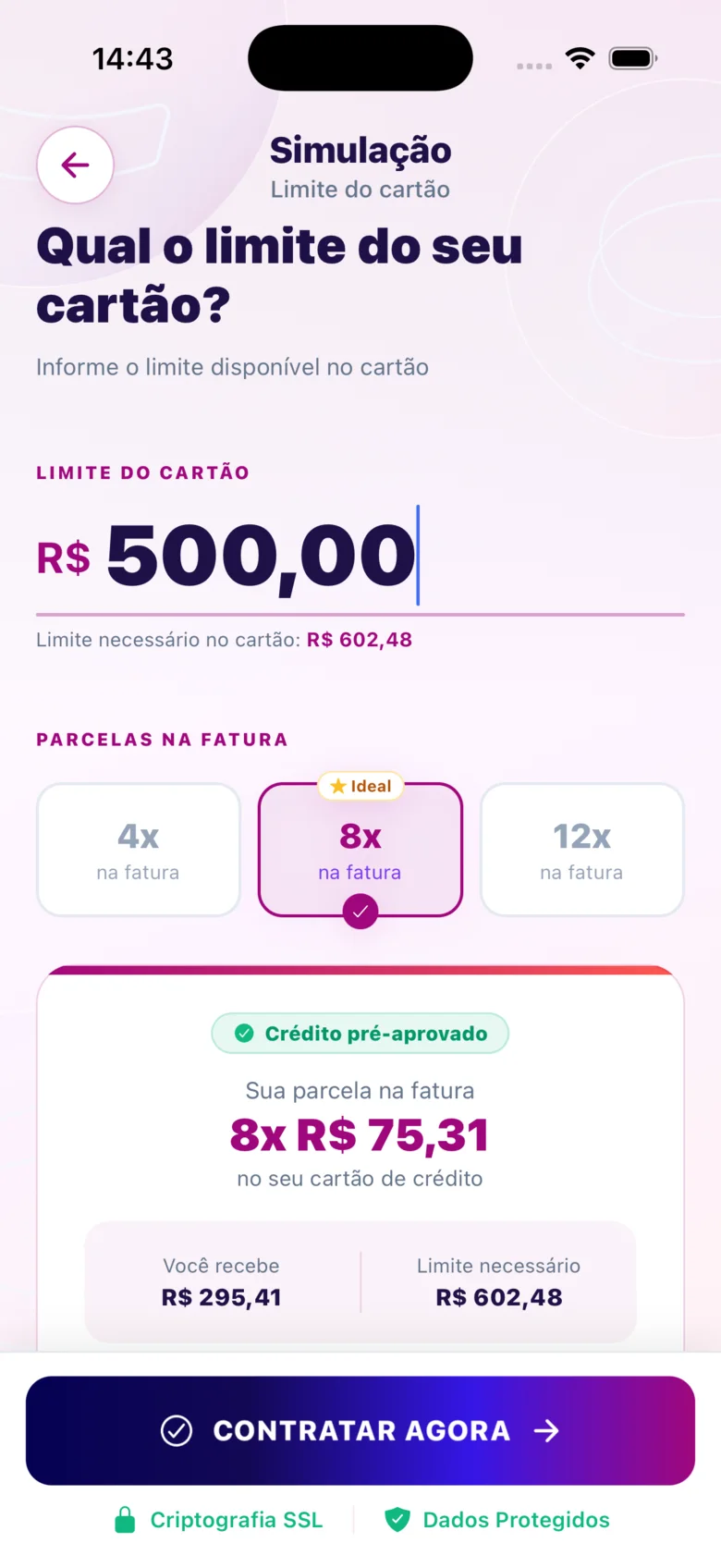 Limite do cartão e valor liberado por PIX no app CIDAPAY