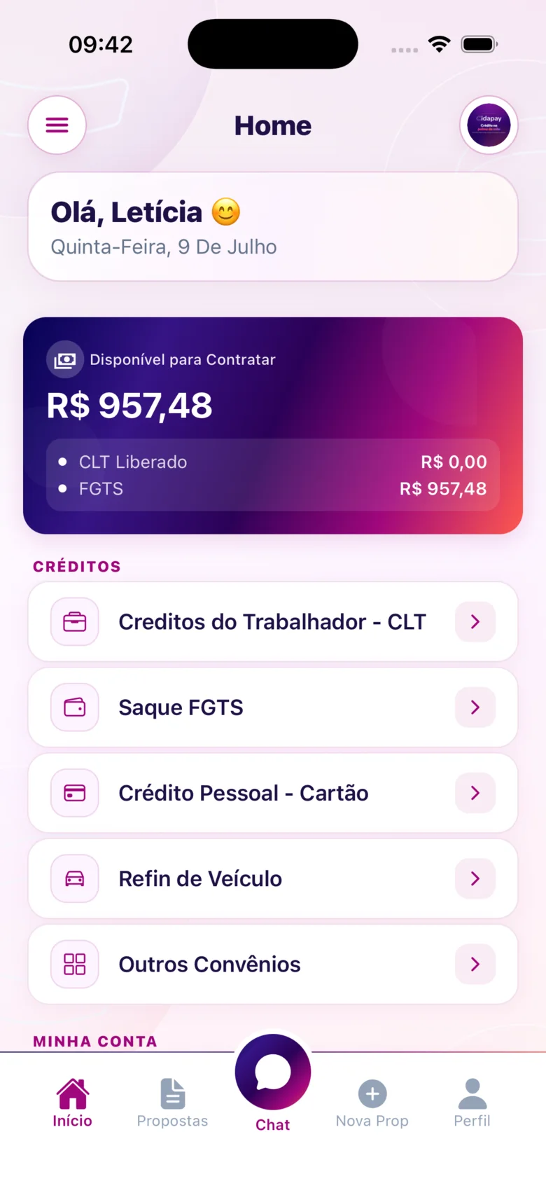 Saldo do FGTS na dashboard do app CIDAPAY