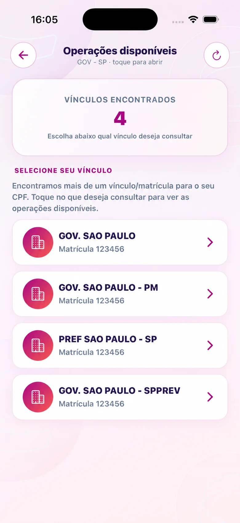 Seleção do vínculo e órgão do estado (Gov, PM, Prefeitura) no app CIDAPAY