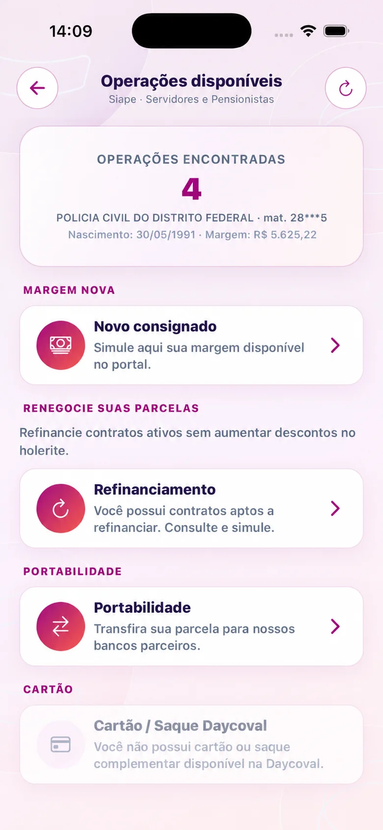 Operações disponíveis do SIAPE (margem nova, portabilidade, refinanciamento) no app CIDAPAY