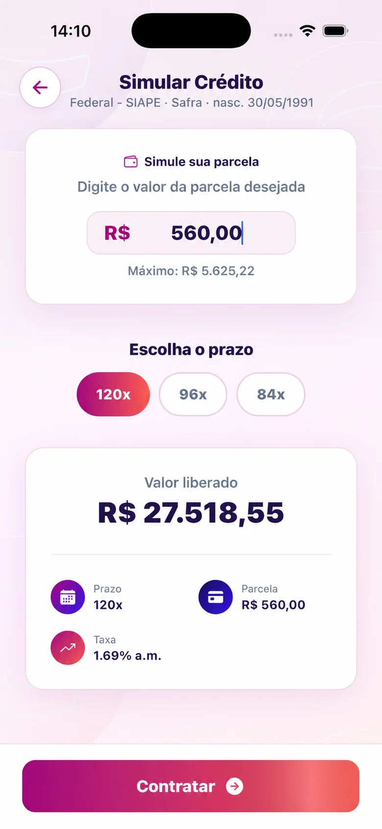 Simulação do consignado SIAPE no app CIDAPAY