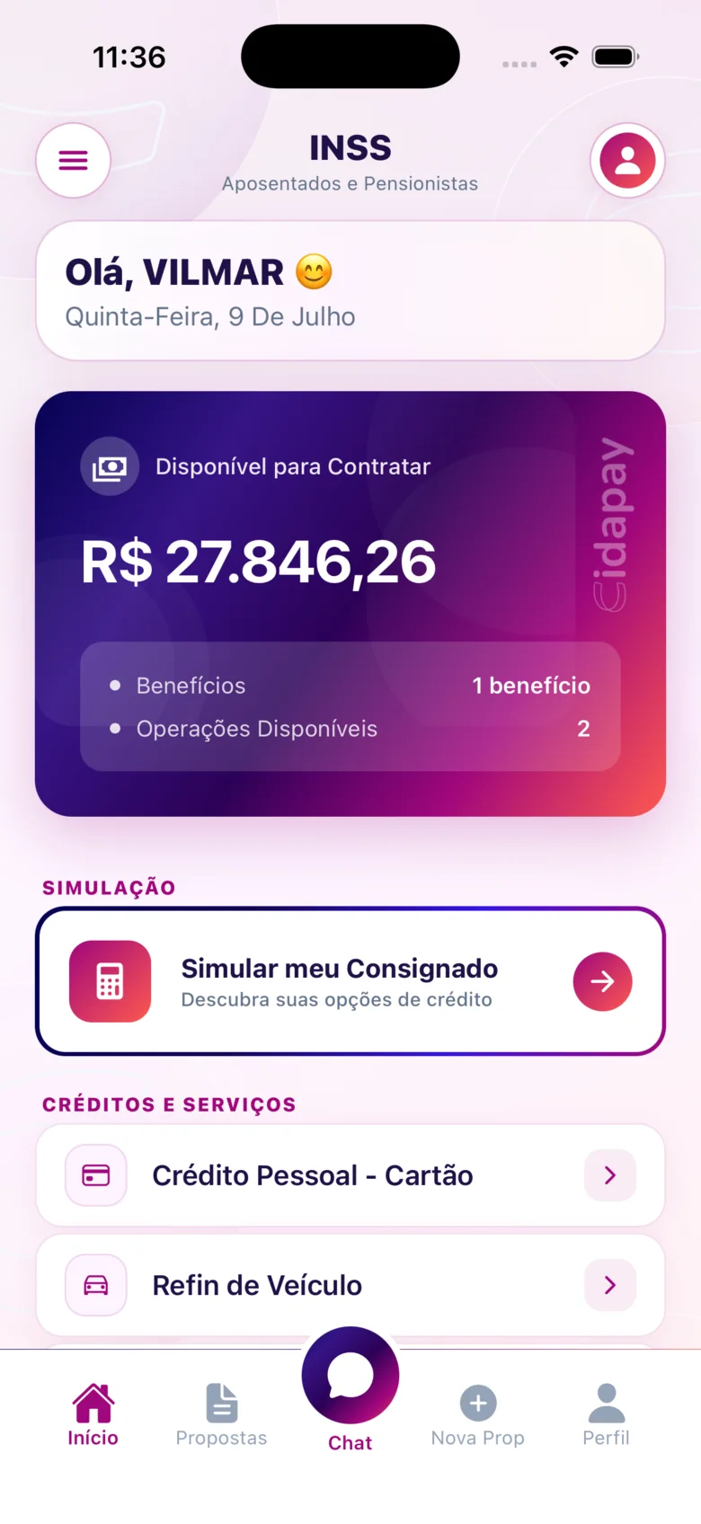 Consignado INSS na tela inicial do app CIDAPAY