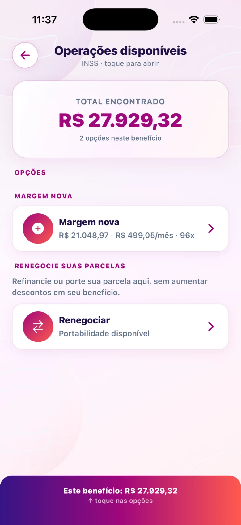 Ofertas dos bancos parceiros para o INSS no app CIDAPAY