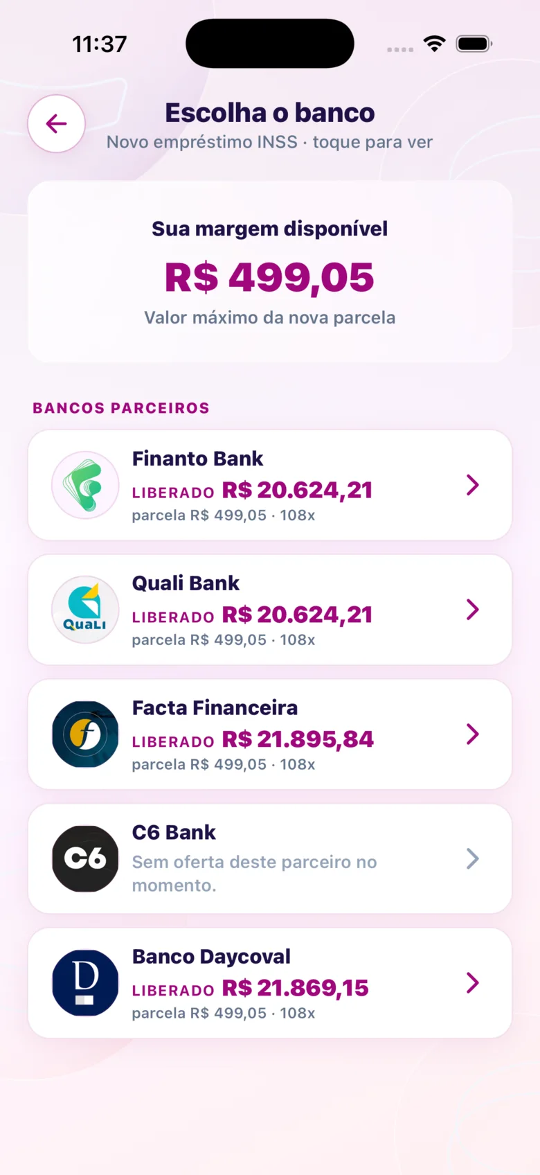 Simulação do consignado INSS no app CIDAPAY