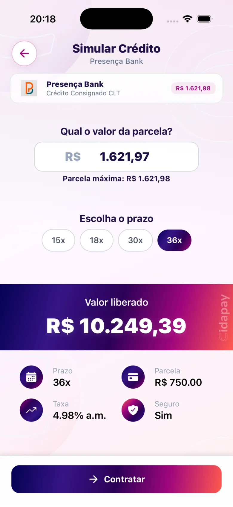 Tela de simulação de crédito no app CIDAPAY
