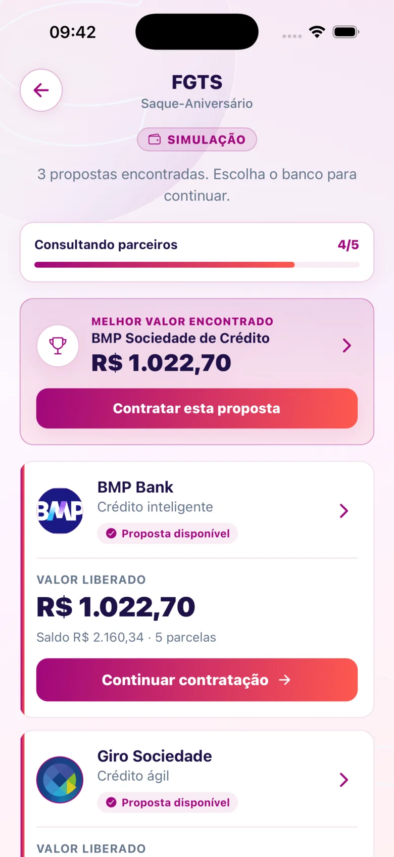 Simulação da antecipação do FGTS no app CIDAPAY